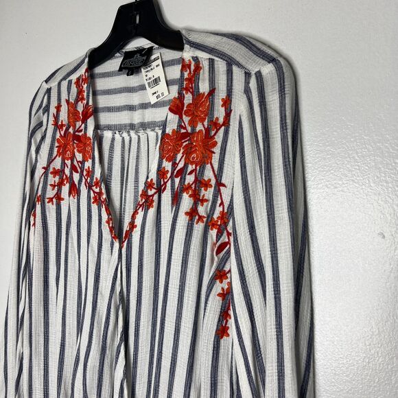 Angie Women's Striped Ivory Blue Embroidered Boho Top Long Sleeve Size S NWT - Picture 2 of 11